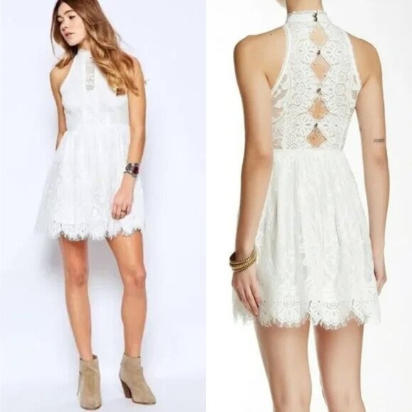 Free People Verushka White Eyelash Lace Mini Dress Womens Size 2 Boho Party - Picture 1 of 11
